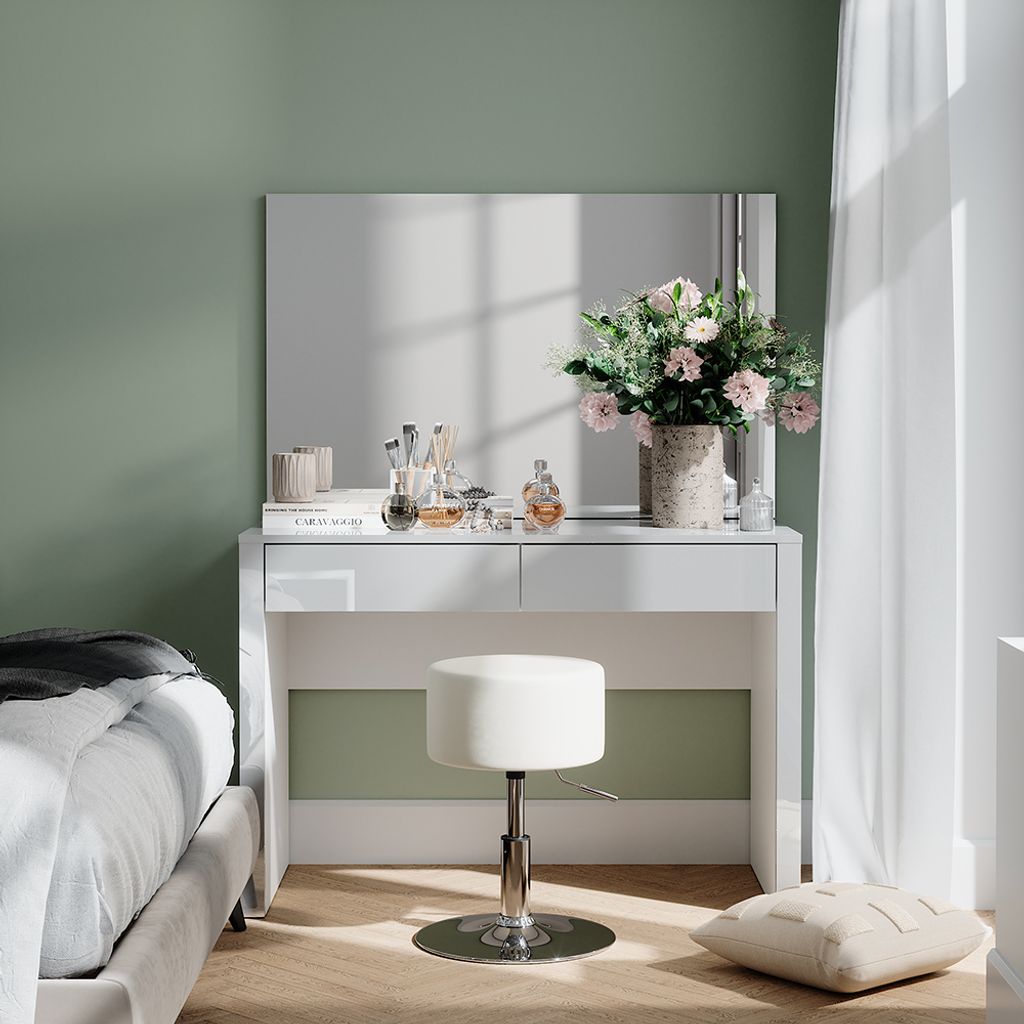 Vicco Schminktisch Annabelle, 110 cm mit Spiegel und Hocker, Weiß Hochglanz/Weiß