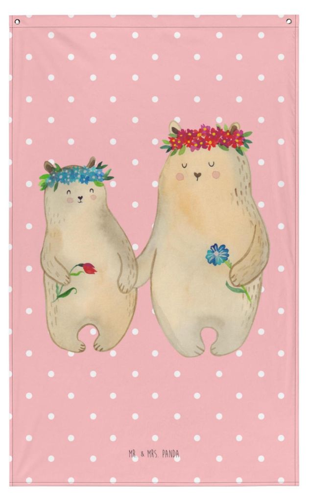 Mr. & Mrs. Panda Wandteppich Bären mit Blumenkranz - Rot Pastell - Geschenk, Stoffbild, Hängedeko, Muttertag, Mami, Family, Tapestry, Beste Freun...