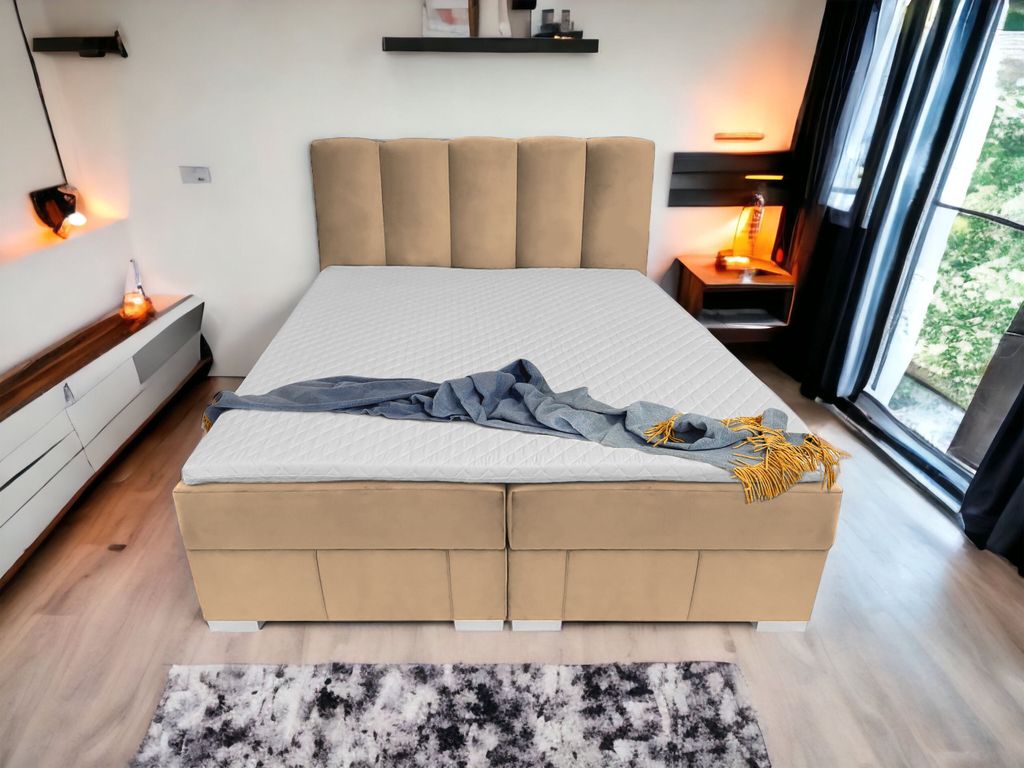 Boxspringbett OSLO 160 cm x 200 cm AMOR VELVET 02 Dunkelbeige Bett mit zwei Bettkästen und H2 Matratze,Komplett-Set mit Matratze und Topper, Doppe...
