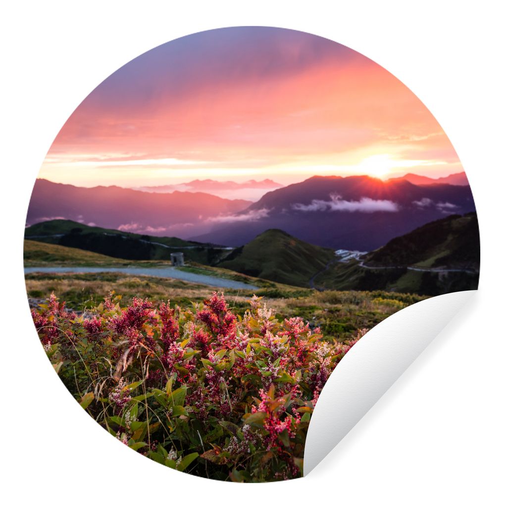 MuchoWow Runde Wandtattoo - Wandsticker Tapete Aufkleber Blumen - Berge - Landschaft - Nacht - Himmel - Rosa Ø 30 cm Selbstklebend und Repositio...