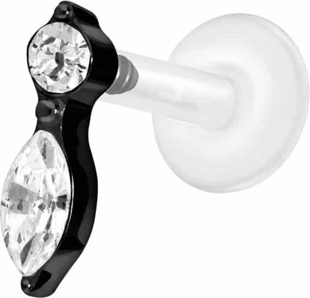 Ohrpiercing, Nasenpiercing PTFE Labret mit Innengewinde + Titan-Aufsatz KRISTALLBLATT Schwarz Stablänge: 6mm | Stabstärke: 1,2mm