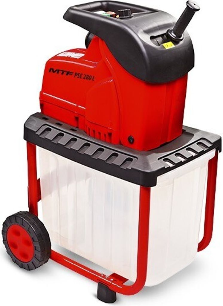 A red and black electric garden shredder with a transparent collection bin and wheels, shown from a three-quarter front angle.