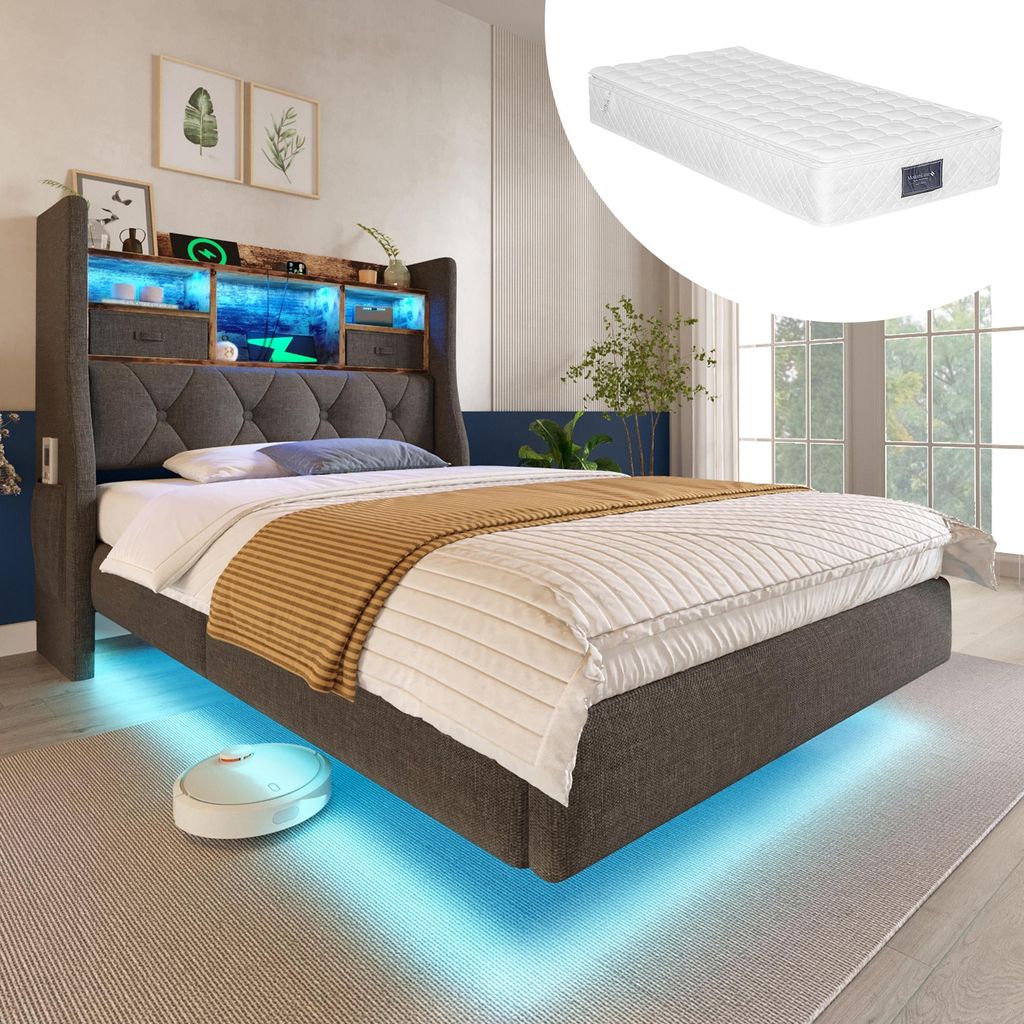 STILVORA Polsterbett 90x200 cm mit Matratze,Jugendbett mit LED-Beleuchtung,Bettgestell Stauraumbett mit Stauraum-Kopfteil und Ladestation(1 Type-C,...