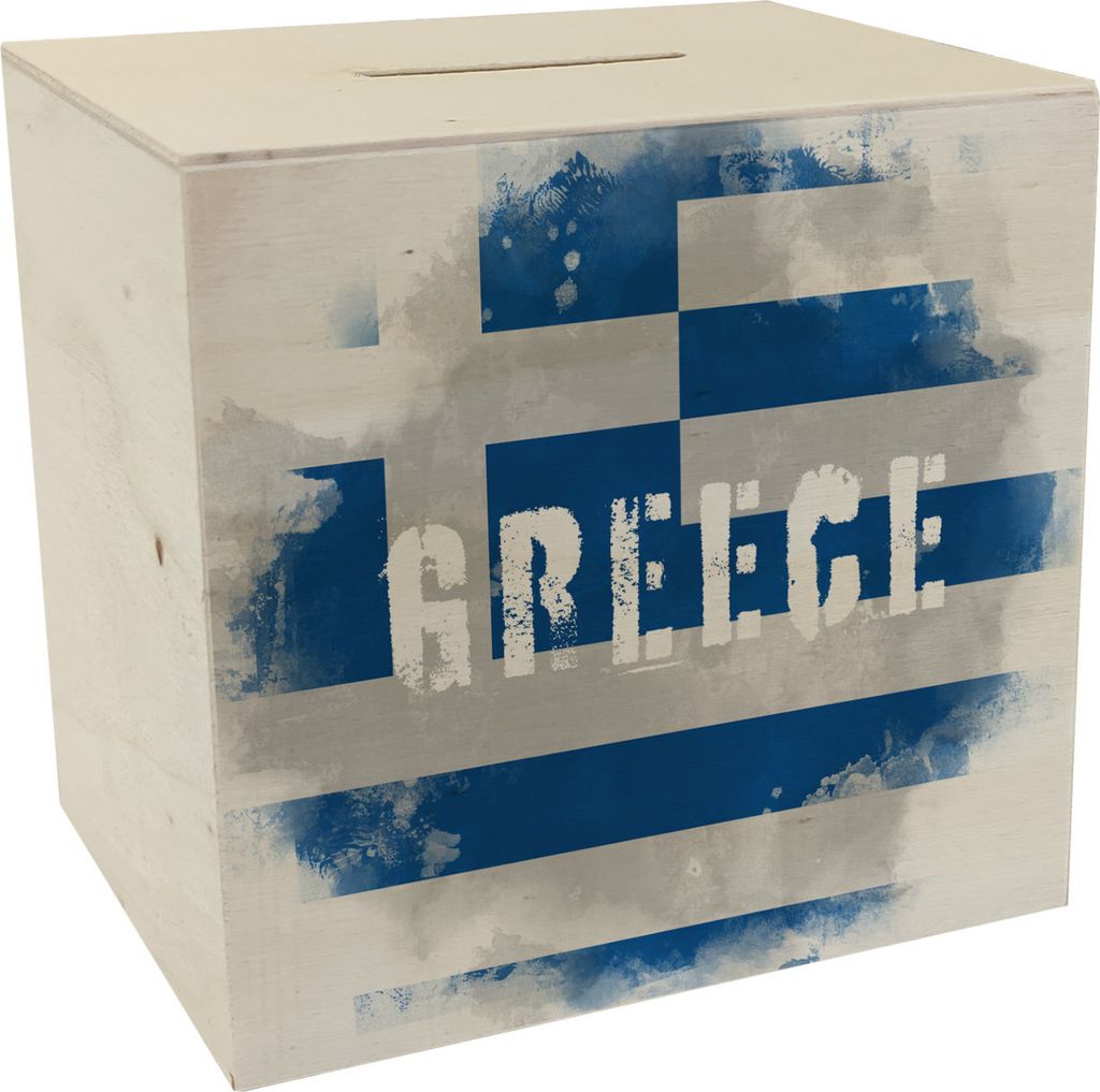 Spardose aus Holz mit Griechenland-Flagge im Used Look - Sparschwein für