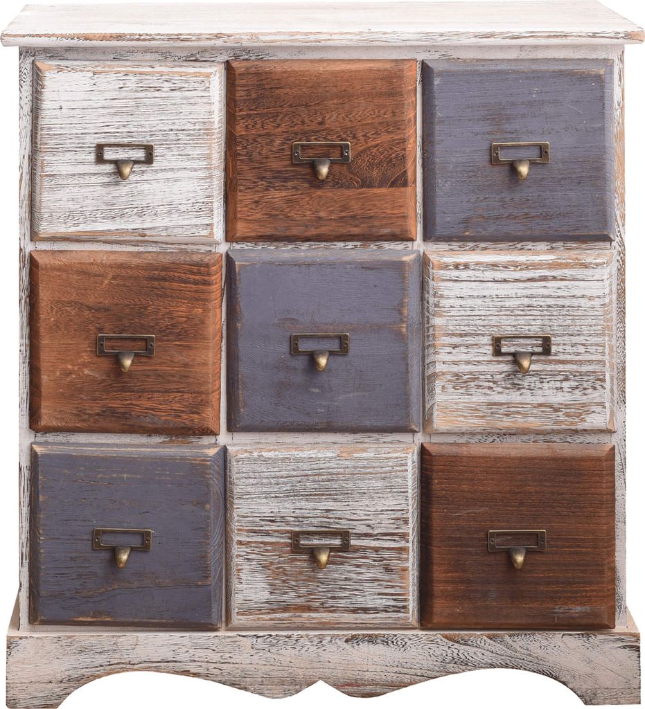 A wooden chest of drawers with nine drawers of varying colors and finishes.