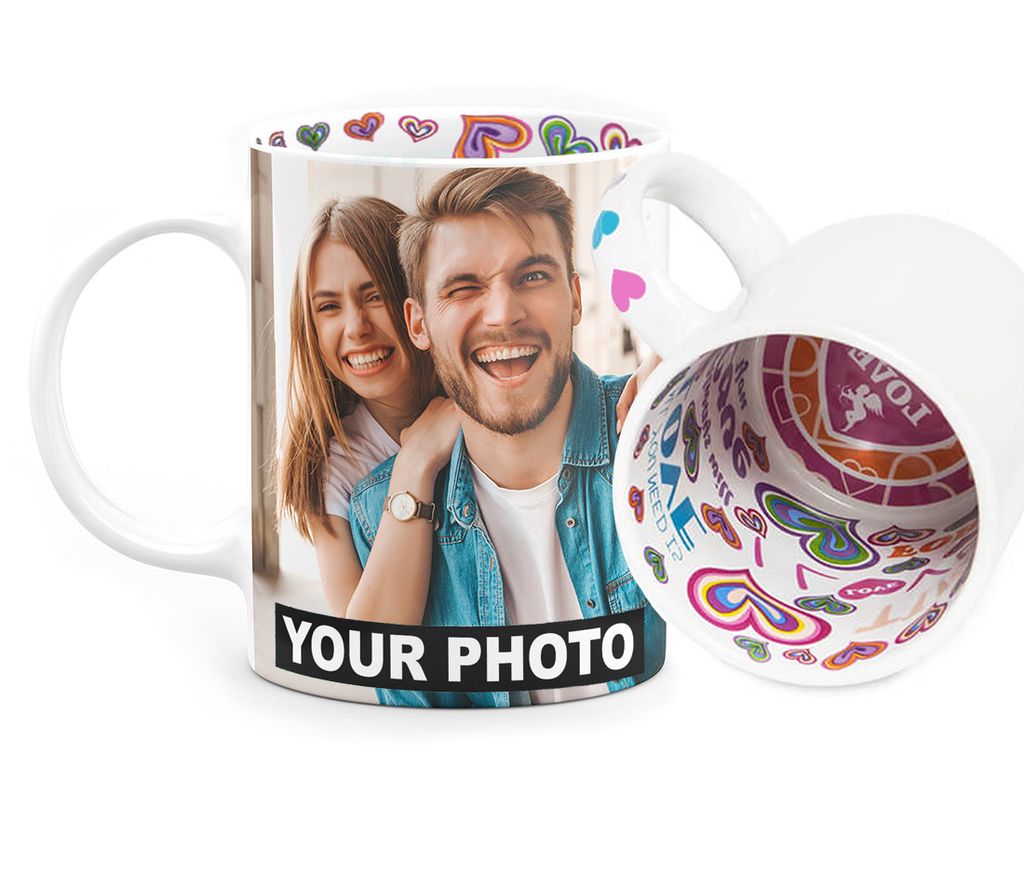Fototasse mit Herzmotiv Tasse mit eigenem Foto & Text selbst gestalten Geschenk zum Valentinstag - Herzen I Love you Tiamo im Inneren des Kaffeebec...
