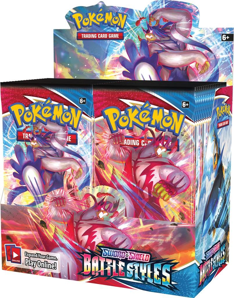 A product shot of a Pokémon TCG: Sword & Shield - Battle Styles booster box.