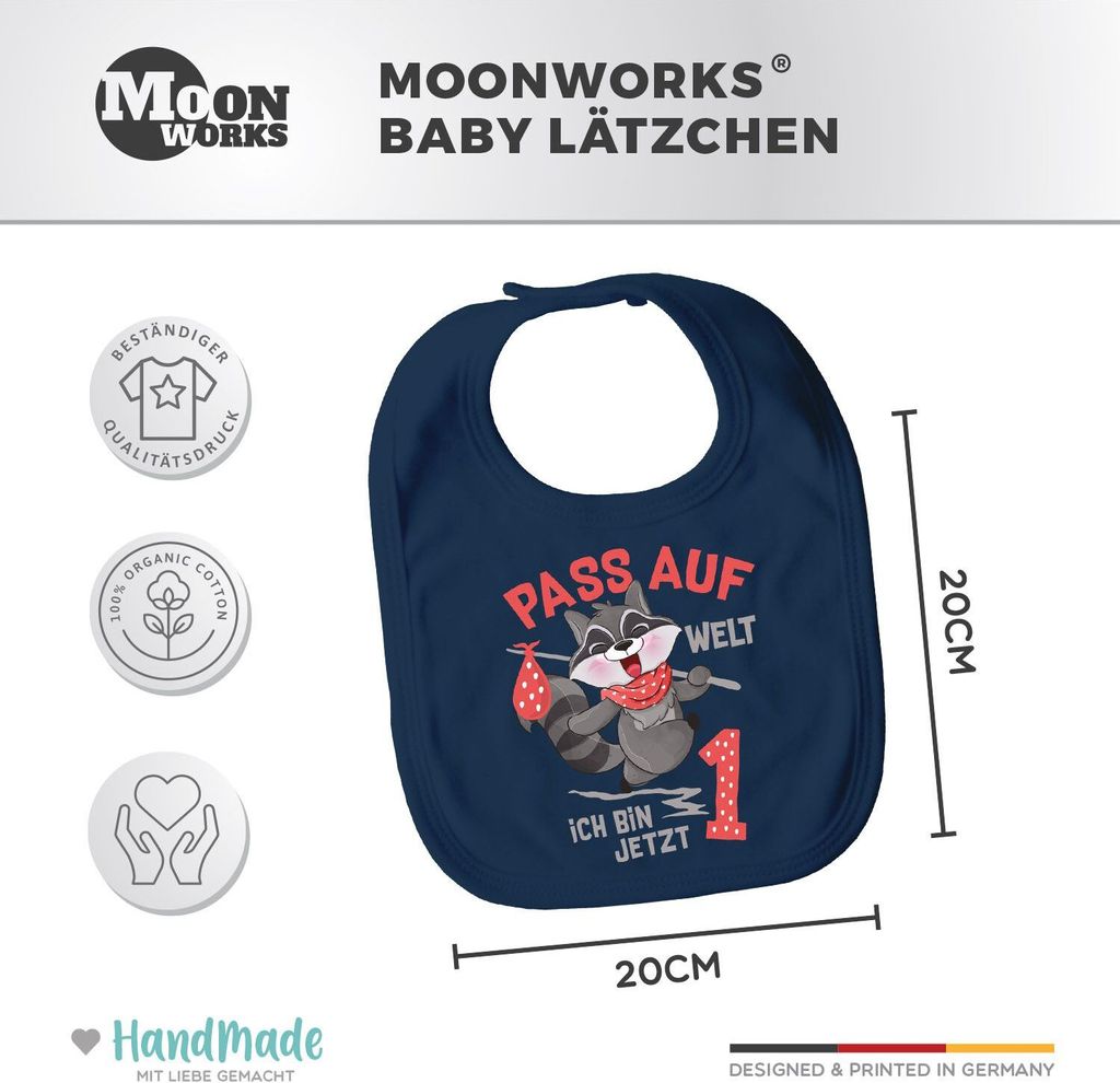 Baby Lätzchen groß Pass auf Welt ich bin jetzt 1 Waschbär Geschenke zum ersten Geburtstag Babylatz Moonworks navy unisize