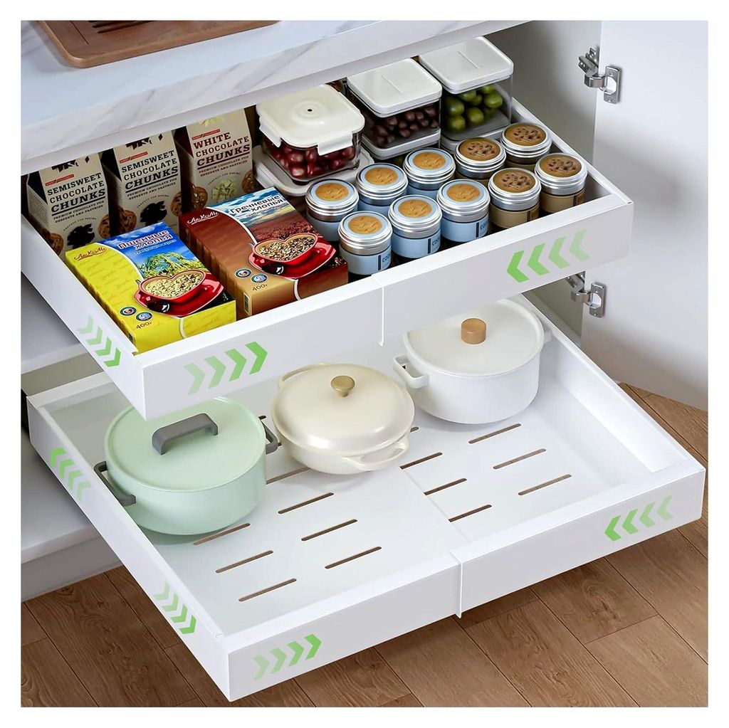 2 Stück Teleskopschublade, 32-52cm Verstellbare Breite Ausziehbare Schubladen, Ausziehbarer Schrank-Organizer mit Schienensystem (Weiß, 2PC)