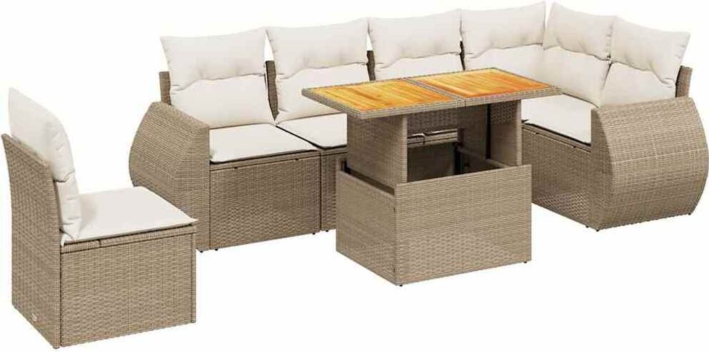 vidaXL 7-tlg. Garten-Sofagarnitur mit Kissen Beige Poly Rattan