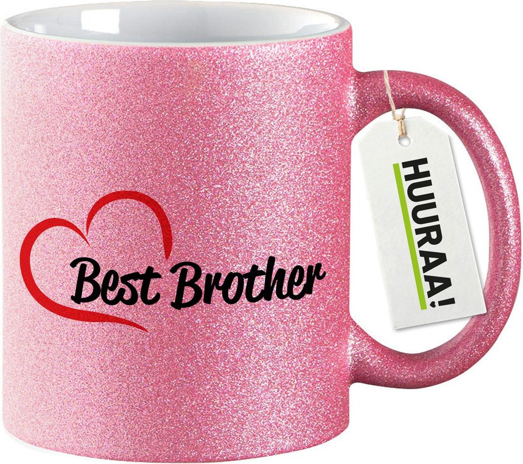 Huuraa Glitzertasse Best Brother Heart 330ml Pink Keramik Kaffeebecher Geschenkidee