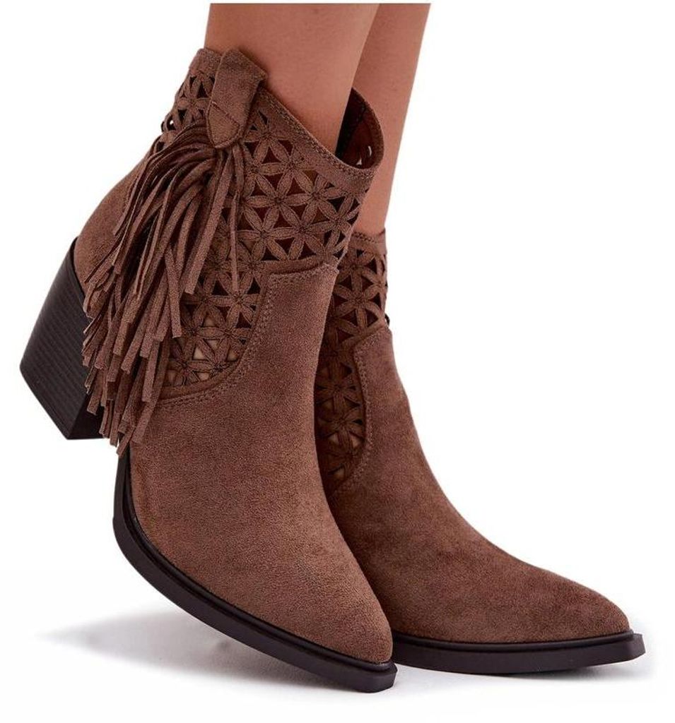 Damenschuhe mit Lochmuster Cowboy-Stiefel Mit Absatz Mit Fransen Braun Calissey 39