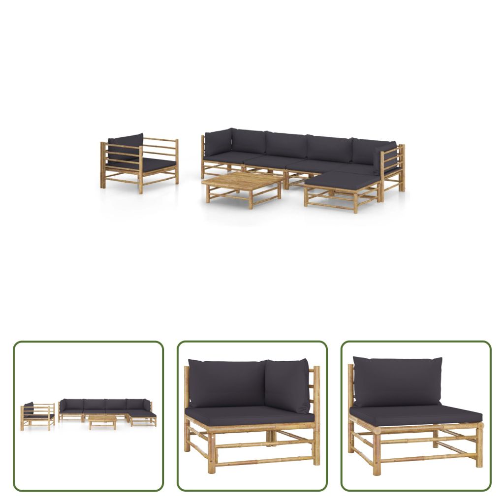 The Living Store 7-tlg. Garten-Lounge-Set mit Dunkelgrauen Kissen Bambus