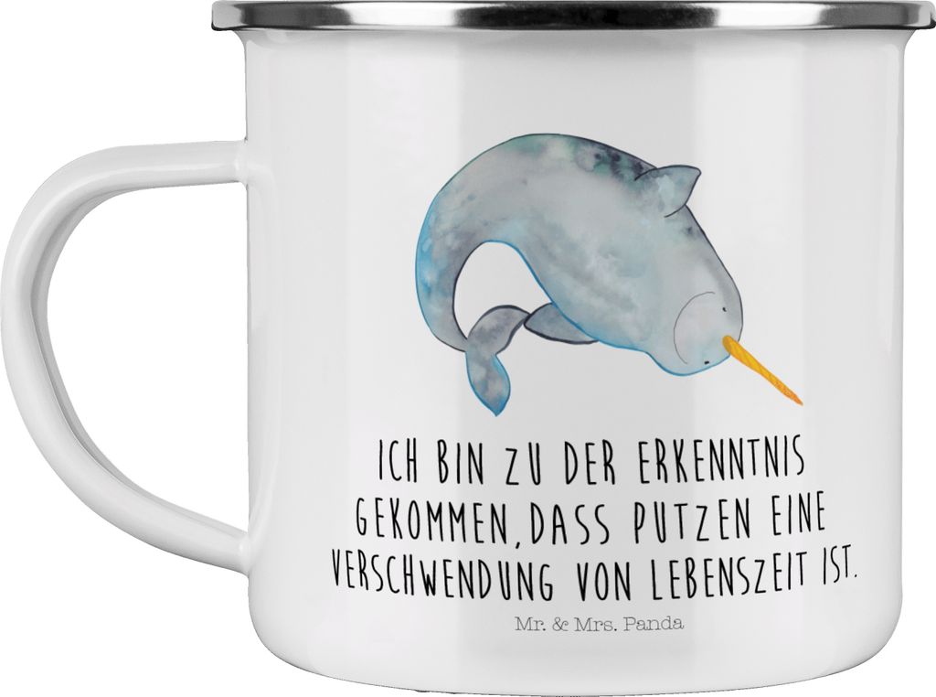 Mr. & Mrs. Panda Teetasse Narwal - Weiß - Geschenk, Kinderzimmer, Putzen, Meer, Blechtasse, Aufräumen, Emaille Becher, Pott, Tasse, Hausfrau, Kaf...