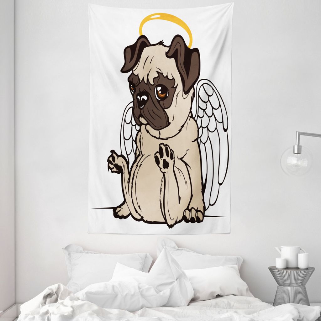 ABAKUHAUS Mops Wandteppich und Tagesdecke, Puppy Angel Wings Hare aus Weiches Mikrofaser Stoff Waschbar ohne Verblassen Digitaldruck, 140 x 230 cm,...