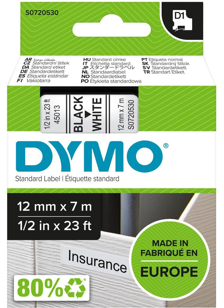 DYMO D1 Standard 12mm x 7m, Box, 19 mm, 65 mm Produktbild 