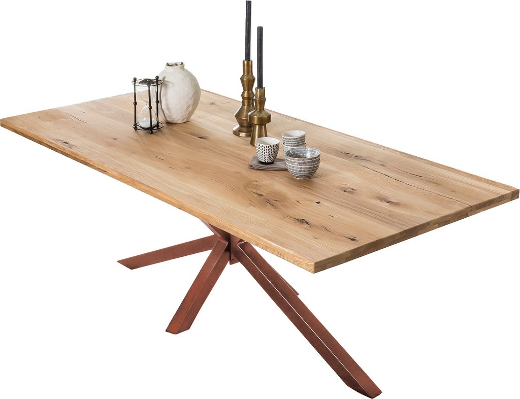 TPFLiving Tisch 220x100 cm Platte Wildeiche, Gestell Metall Platte natur, Gestell antikbraun