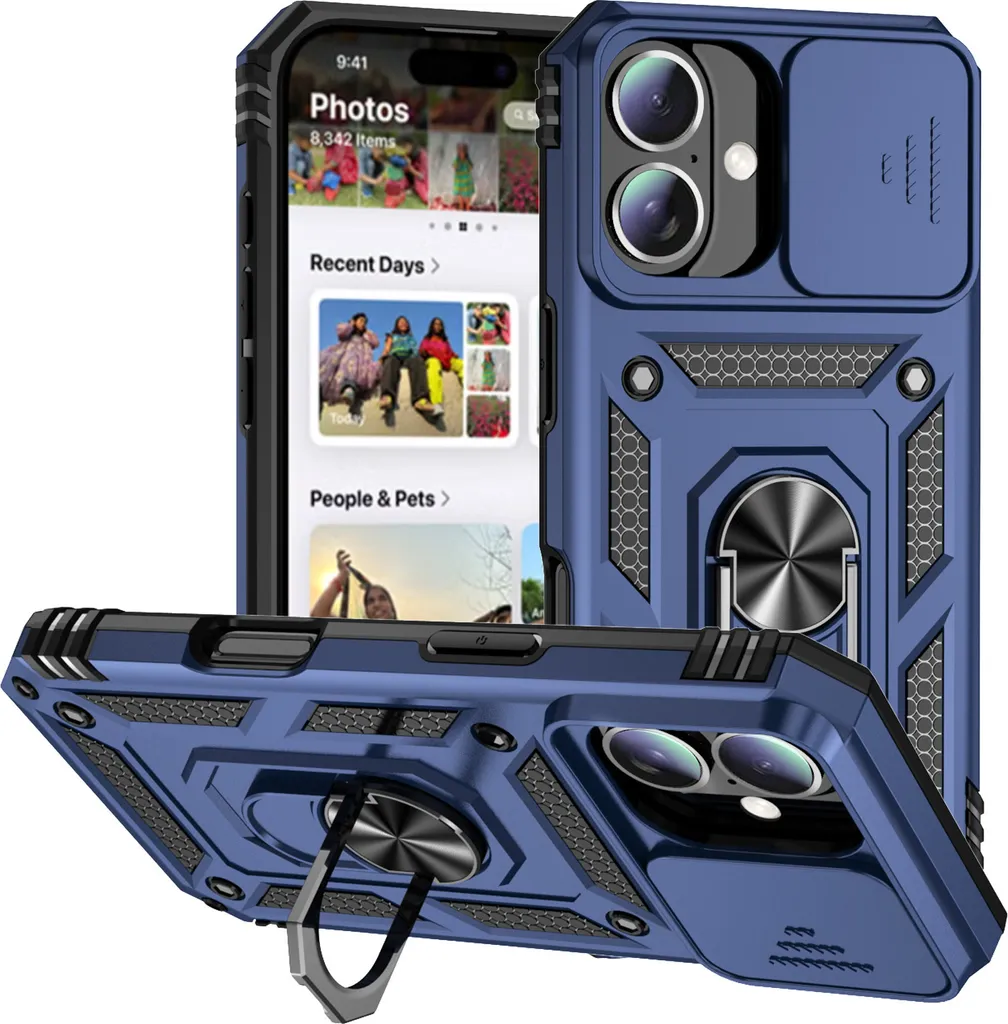 Custodia Blu iPhone 16 Plus: Protezione Camera e Ring Holder