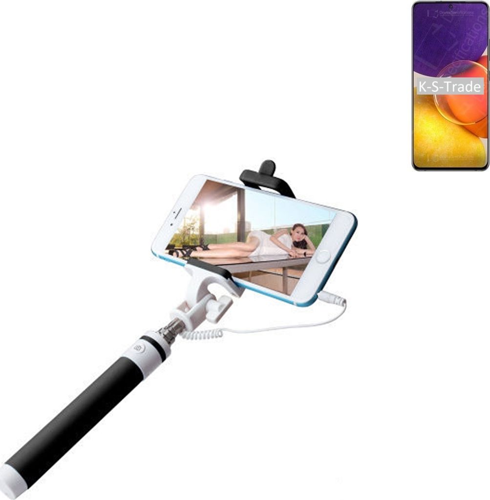 K-S-Trade Selfie Stick kompatibel mit Samsung Galaxy F02s Selfiestick kabelgebunden Monopod mit Kabel Stab Stange Selfportrait Handheldstick schwarz