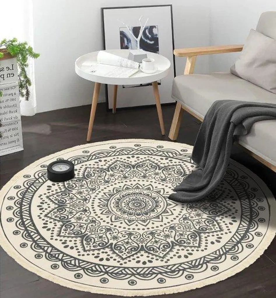 Tapis bohème rond en coton 120 cm blanc pour salon et chambre chic