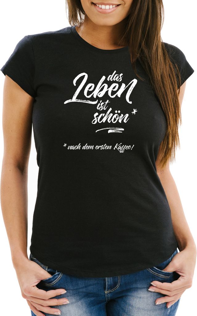 Damen T-Shirt Schlafshirt Das Leben ist schön - nach dem ersten Kaffee Slim Fit Moonworks schwarz XS