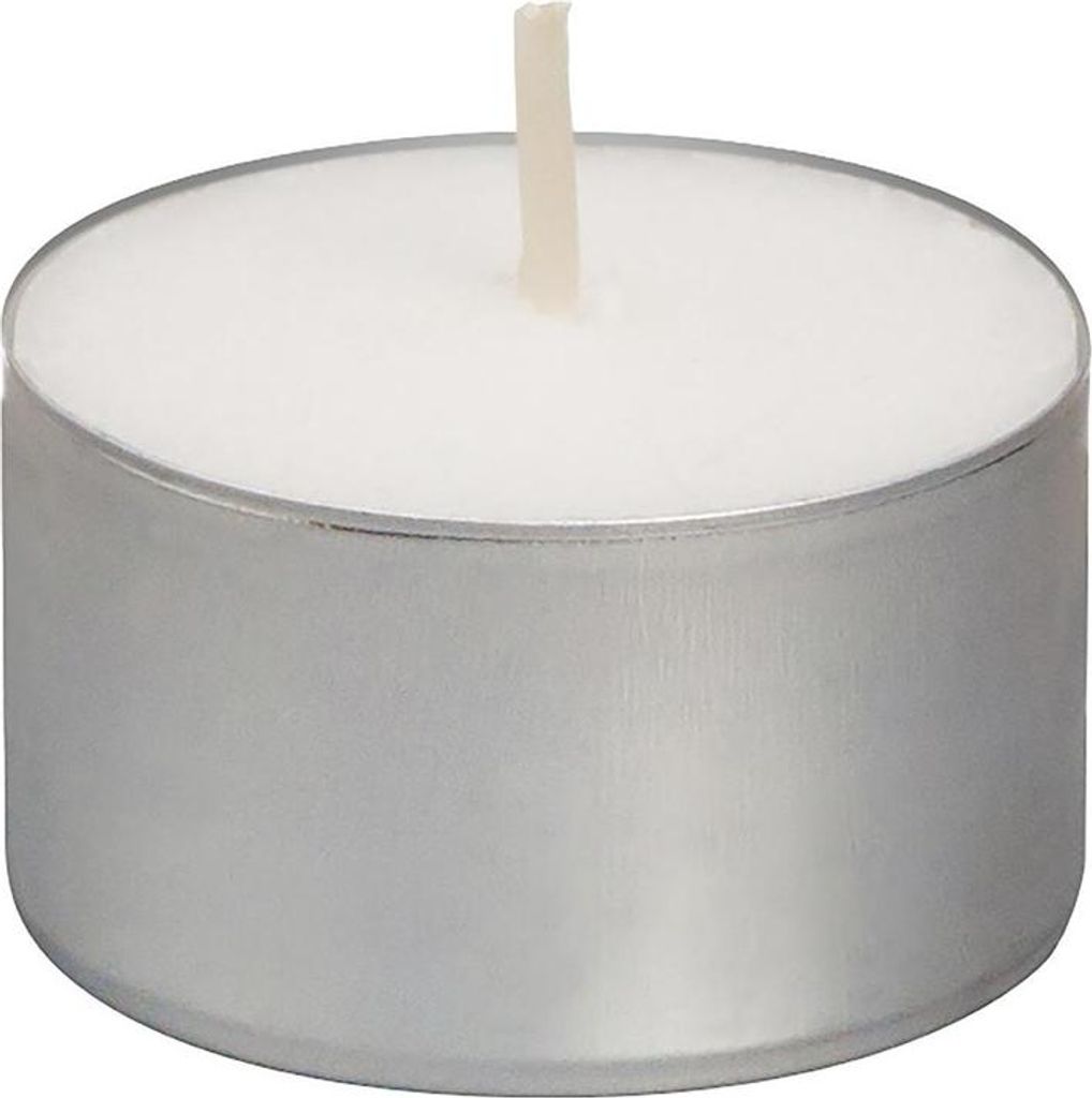 A close-up studio shot of a single white tea light candle in a silver aluminum cup.