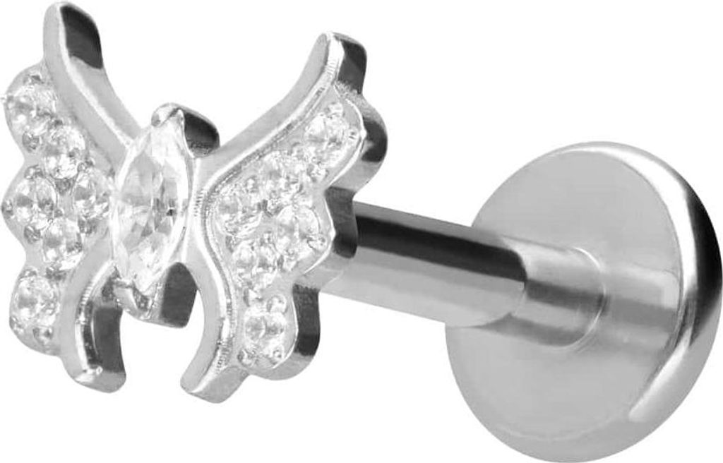 Ohrpiercing, Nasenpiercing Titan Labret mit Push Fit KRISTALLSCHMETTERLING Silber Stablänge: 9mm | Stabstärke: 1mm