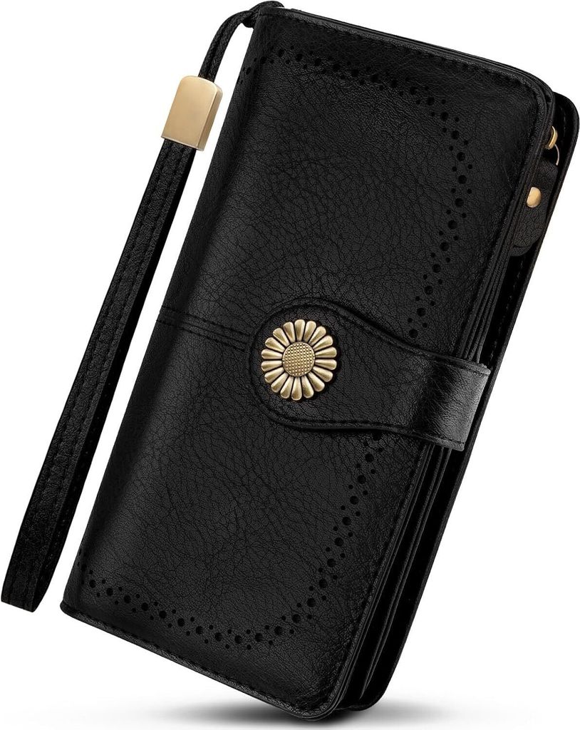 Geldbörse Damen Leder Gross Geldbeutel Damen Groß Viele Fächer mit 24 Kartenfächer Lang Portemonnaie Frauen RFID Schutz Portmonee Leder mit Han...