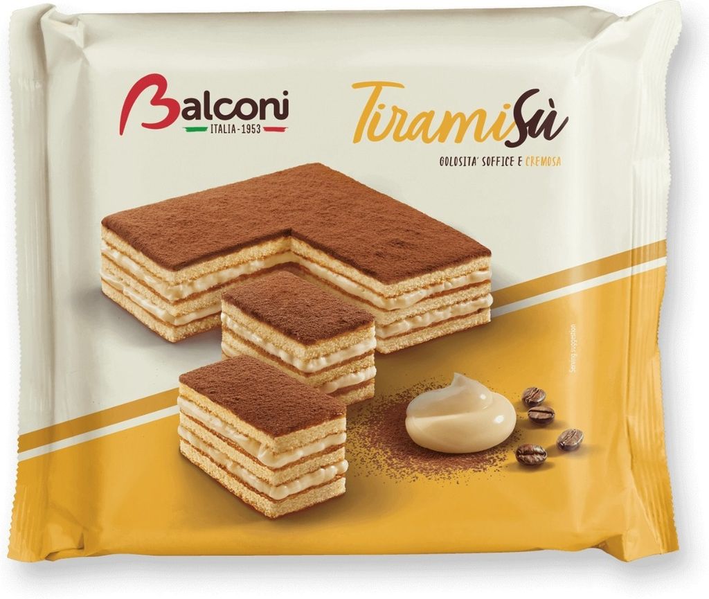 A package of Balconi Tiramisù cakes with three cakes shown in the foreground.
