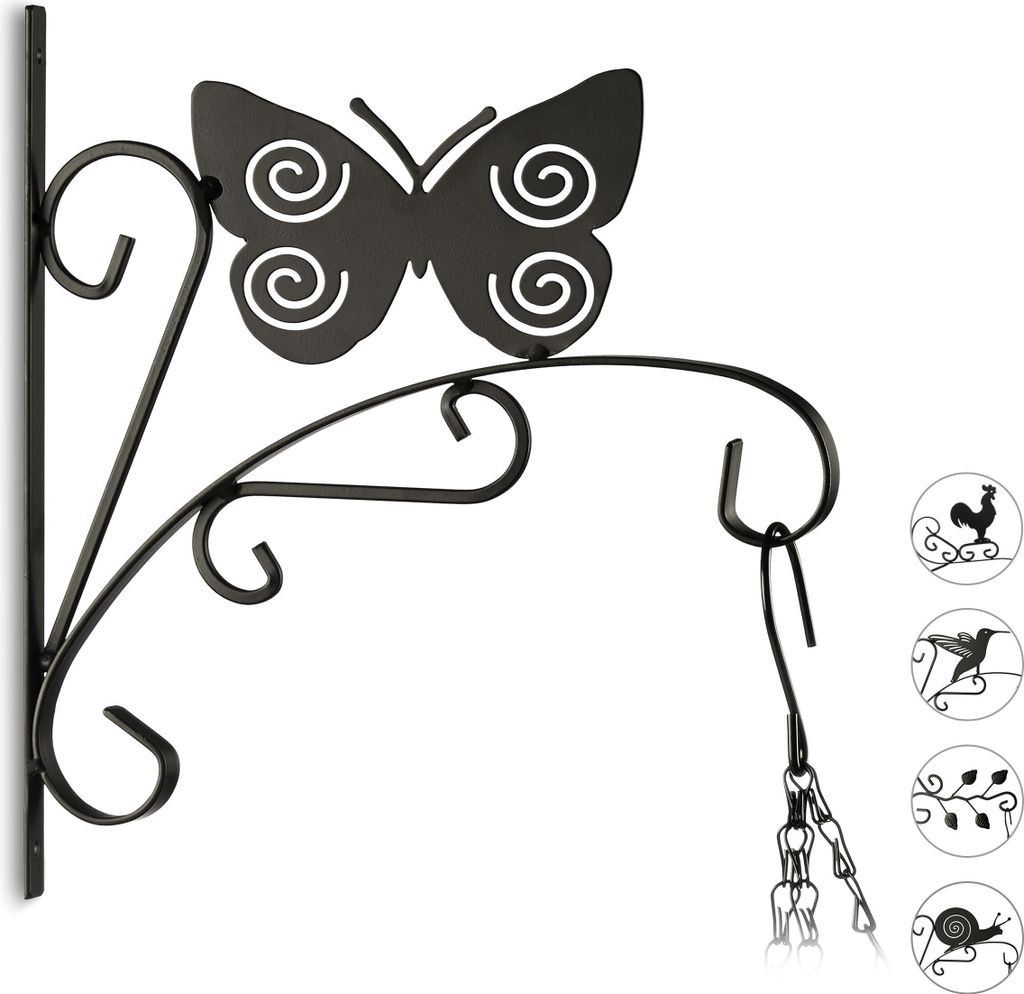 Relaxdays Blumenhaken mit Schmetterling, Blumenampelhalter für Wand, Metall Garten-Deko, HxBxT: 30 x 27,5 x 2cm, schwarz