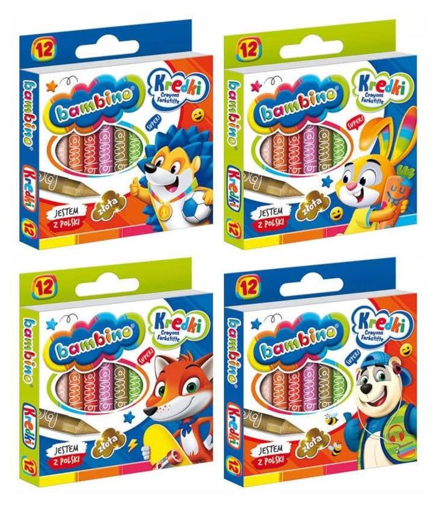 Four boxes of Bambino crayons, each featuring a cartoon animal character.