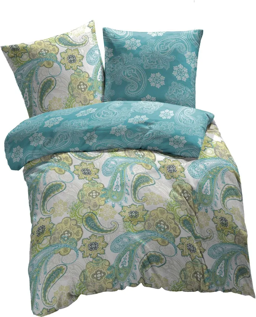 ETÉREA Mako biancheria da letto in raso 200x200cm + 2x 80x80cm - 100% cotone copripiumino Paisley Florina naturalmente morbido - Set di biancheria da letto 200x200cm copripiumino + 2x 80x80cm federa 3 pezzi - OEKOTEX - Verde