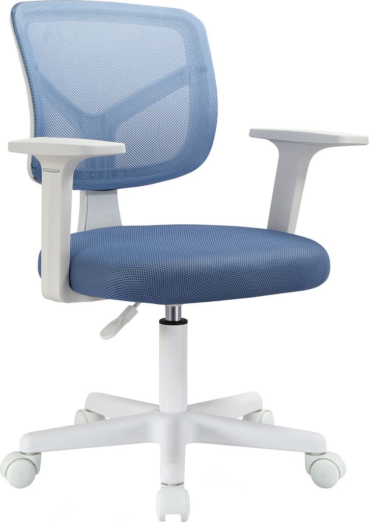A blue and white office chair with wheels, shown from the front.