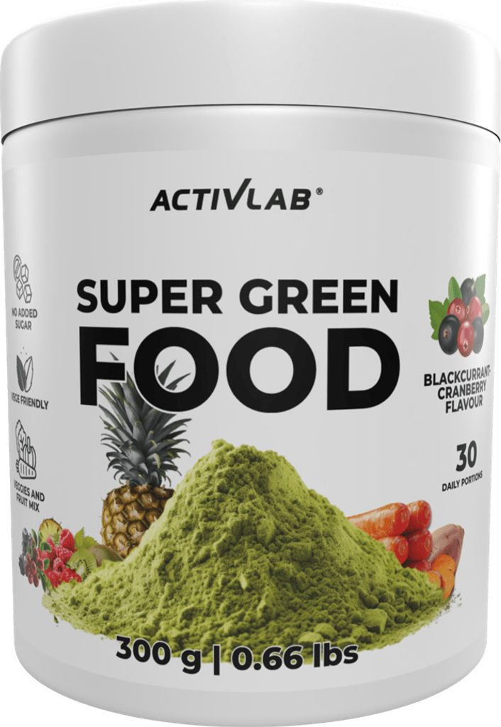 Activlab Super Green Food Spirulina Chlorella 300 g, schwarze Johannisbeere Cranberry, 30 Tagesportionen, Vitamine, Detox, Energie
