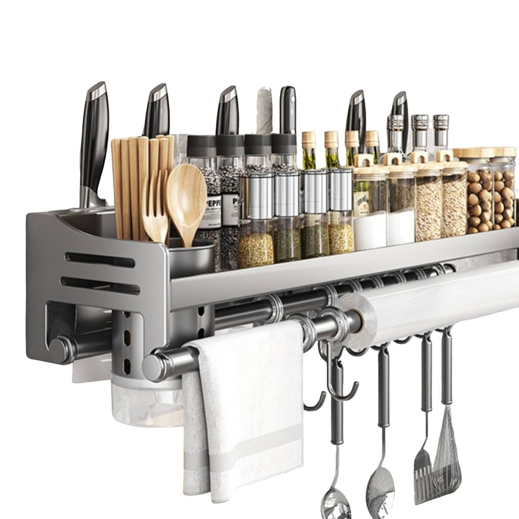 Gewürzregale, Gewürzregal, mit Essstäbchenfass, Küchenregal, Kühlschrankregal 60 cm, Lagerregal mit 10 Haken und Stange, Wandregal ohne Bohren