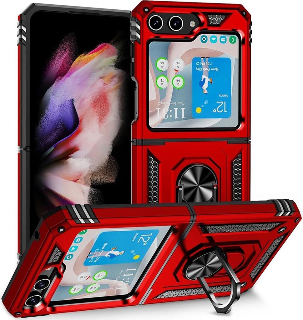 Conie Outdoor Schutzhülle für Samsung Galaxy Z FLIP 5 Tasche Silikon Hard Case Cover Hülle mit Halter Ständer in Rot