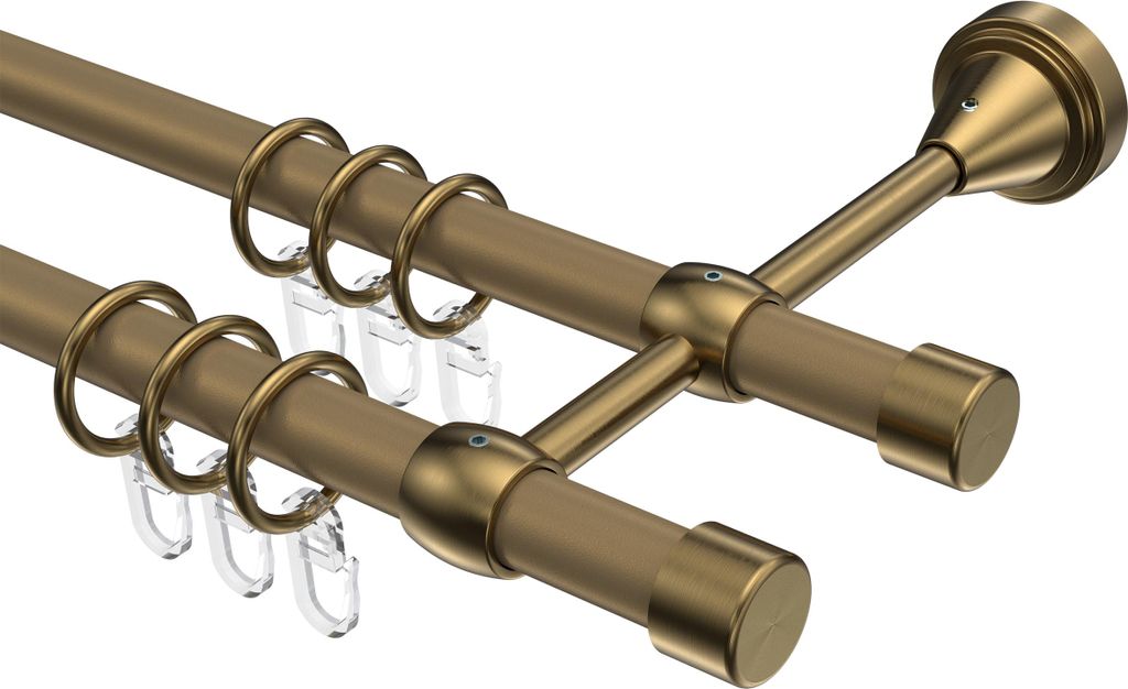 Interdeco Gardinenstange / Vorhangstange Gold matt / Messing Antik, Typ Primus Lucan (Kappe), 16 mm Ø 2-läufig, 260 cm