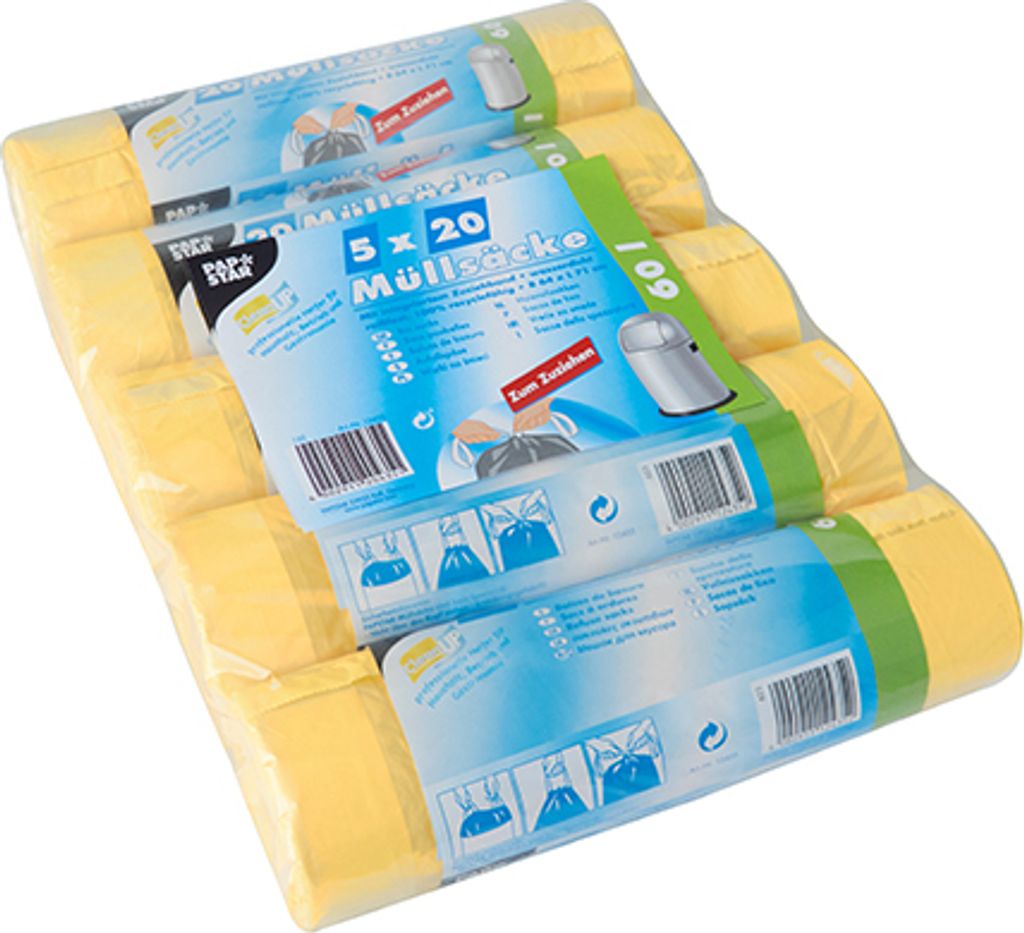 Papstar Müllsäcke zum Zuziehen, HDPE 60 l 71 cm x 64 cm gelb, 5 x 100 Stück