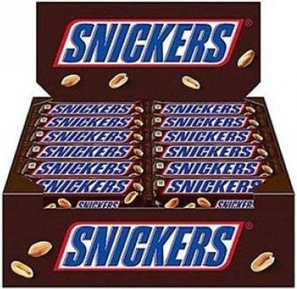 A display box filled with Snickers candy bars.