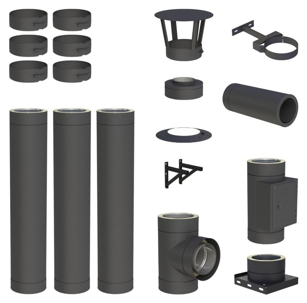 3,8 m Edelstahlschornstein Ø 130 mm Komplettset doppelwandig DW-Black Wandmontage