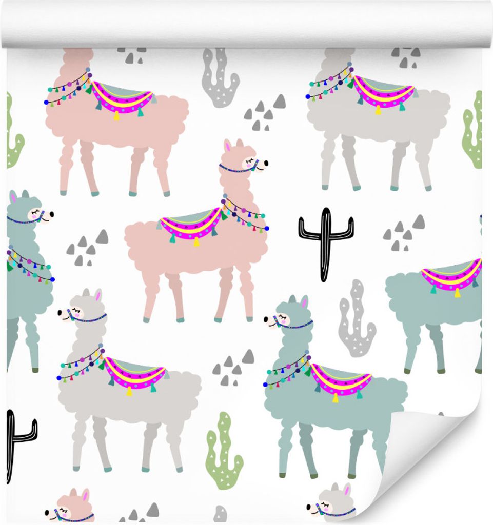 10m VLIES TAPETE Rolle Kinderzimmer Tiere Lamas Bunt Kakteen Dreiecke XXL