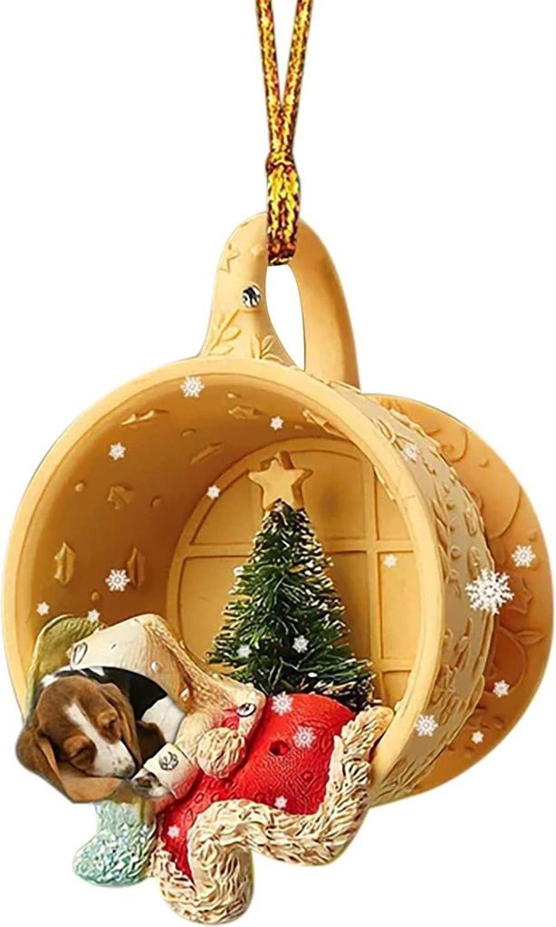 Weihnachtsschmuck „Tiere schlafen in einer kleinen Tasse“ aus Acryl, 2D-Hund/Frettchen/Schaf, zum Aufhängen am Weihnachtsbaum für die Festtag...