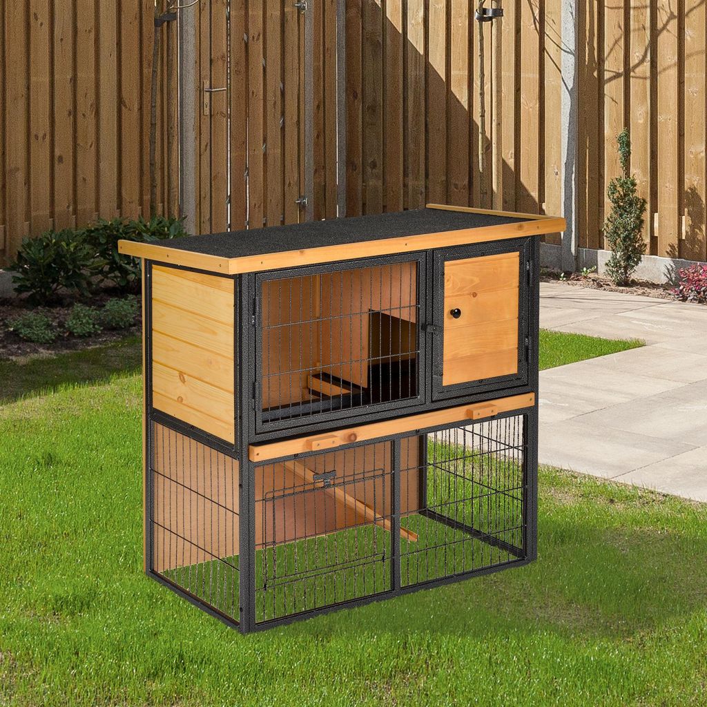Hasenstall 2 Etagen mit Bitumendach, Kaninchenstall Auslauf Rampe, Tannenholz Metall, Hellgelb | 89,5 x 45 x 81 cm | abschließbar | 16,25 kg