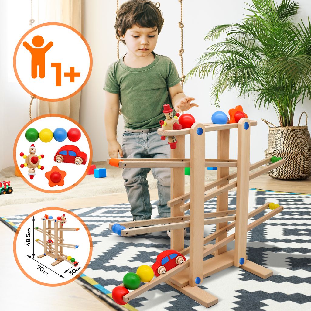 Infantastic® Kugelbahn aus Holz - Buchenholz, inkl. 6 Rollelementen aus Teeholz, bunt - Murmelbahn, Rollbahn, Holzkugelbahn, Motorikspielzeug für Kind und Baby ab 1 Jahr