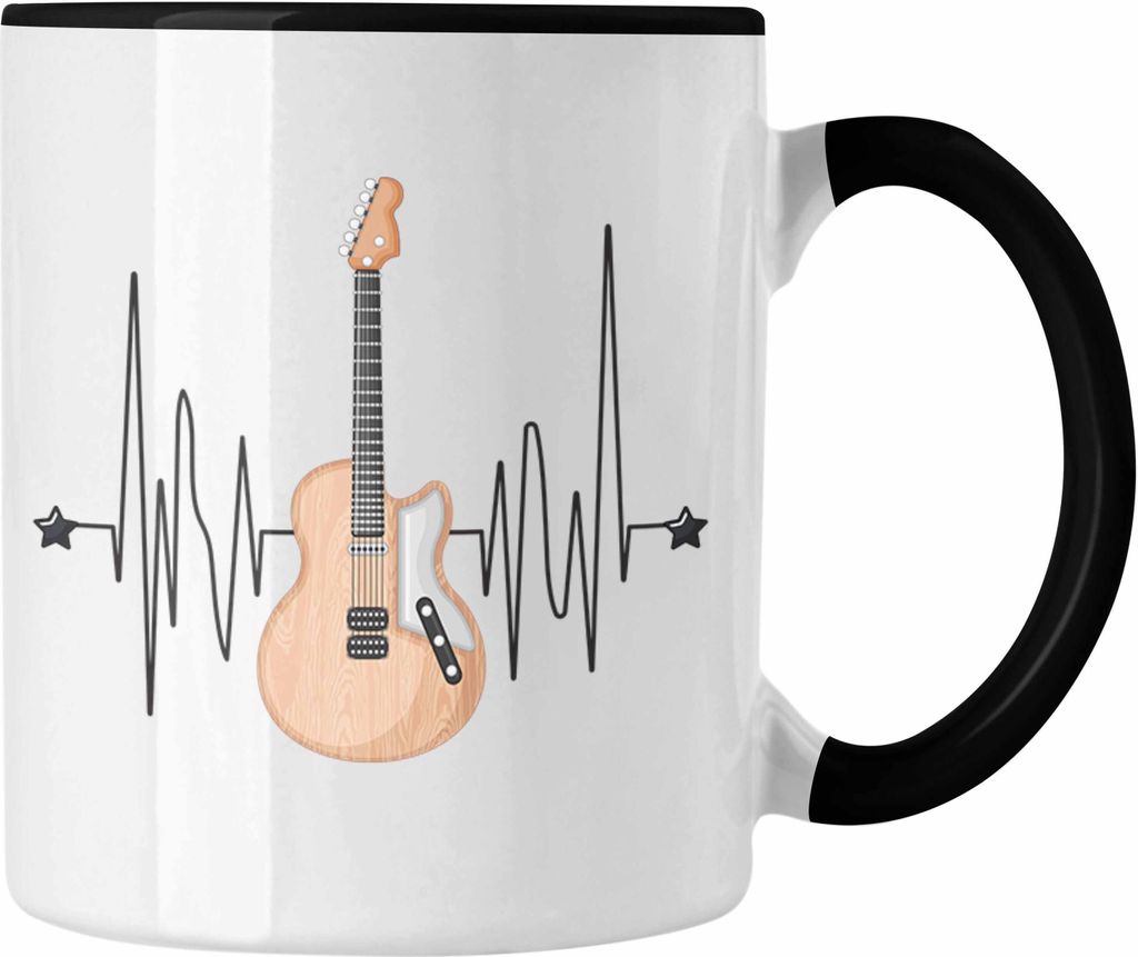 Trendation - Herzschlag Tasse Geschenk Gitarre Geschenkidee für Gitarrenspieler Kaffee-Becher (Schwarz)