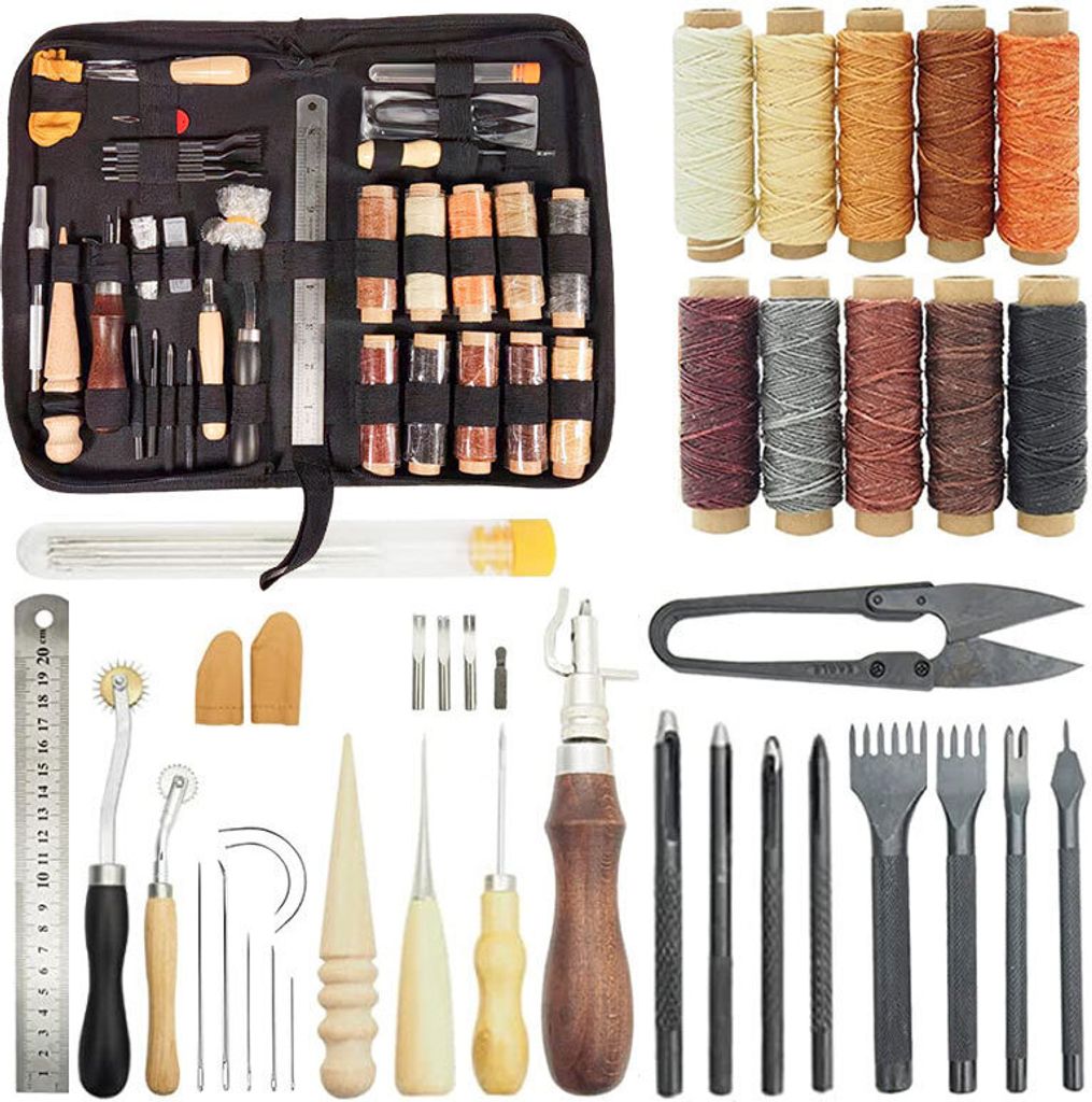 52-teiliges Leder-Nähwerkzeug-Set, DIY-Leder-Werkzeug-Set mit 10 Farben gewachstem Faden, Prisma-Lochstanzer, Lederlocher, Nähnadel, Presswerkzeu...