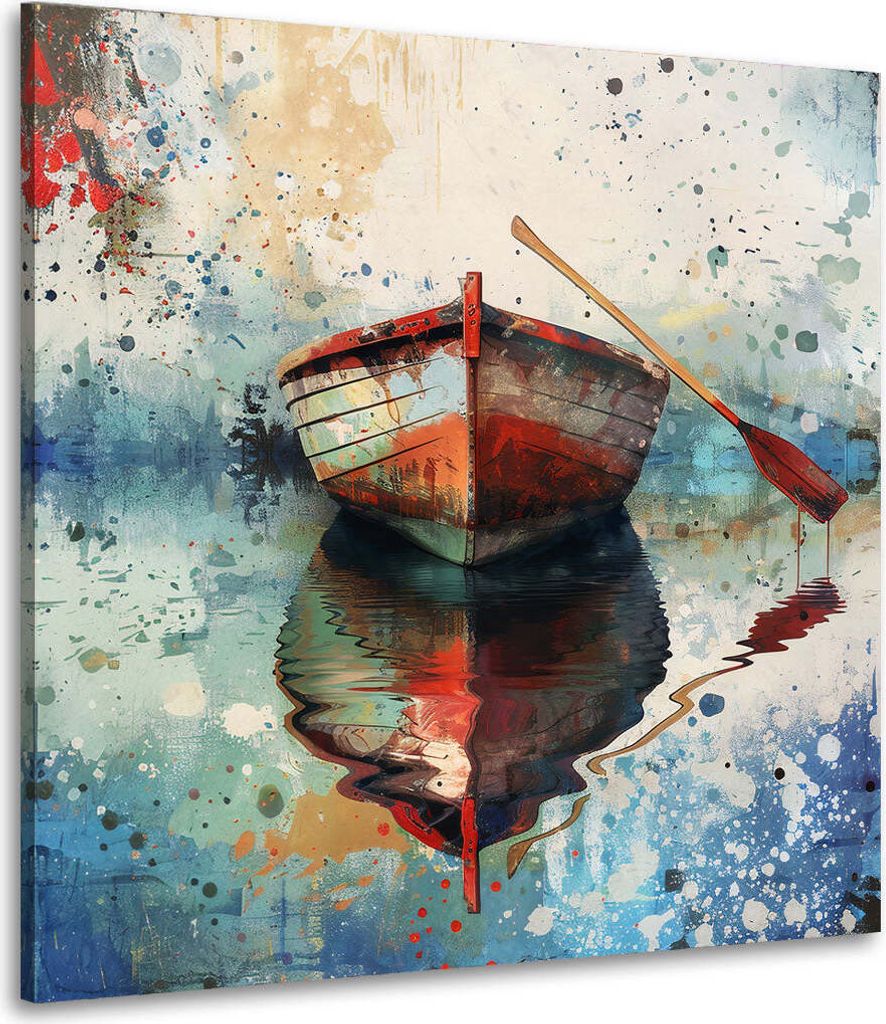 Abstrakt Boot auf ruhigem See Leinwandbild Wandbild Kunstdruck XL Wanddeko: 150x150x4cm