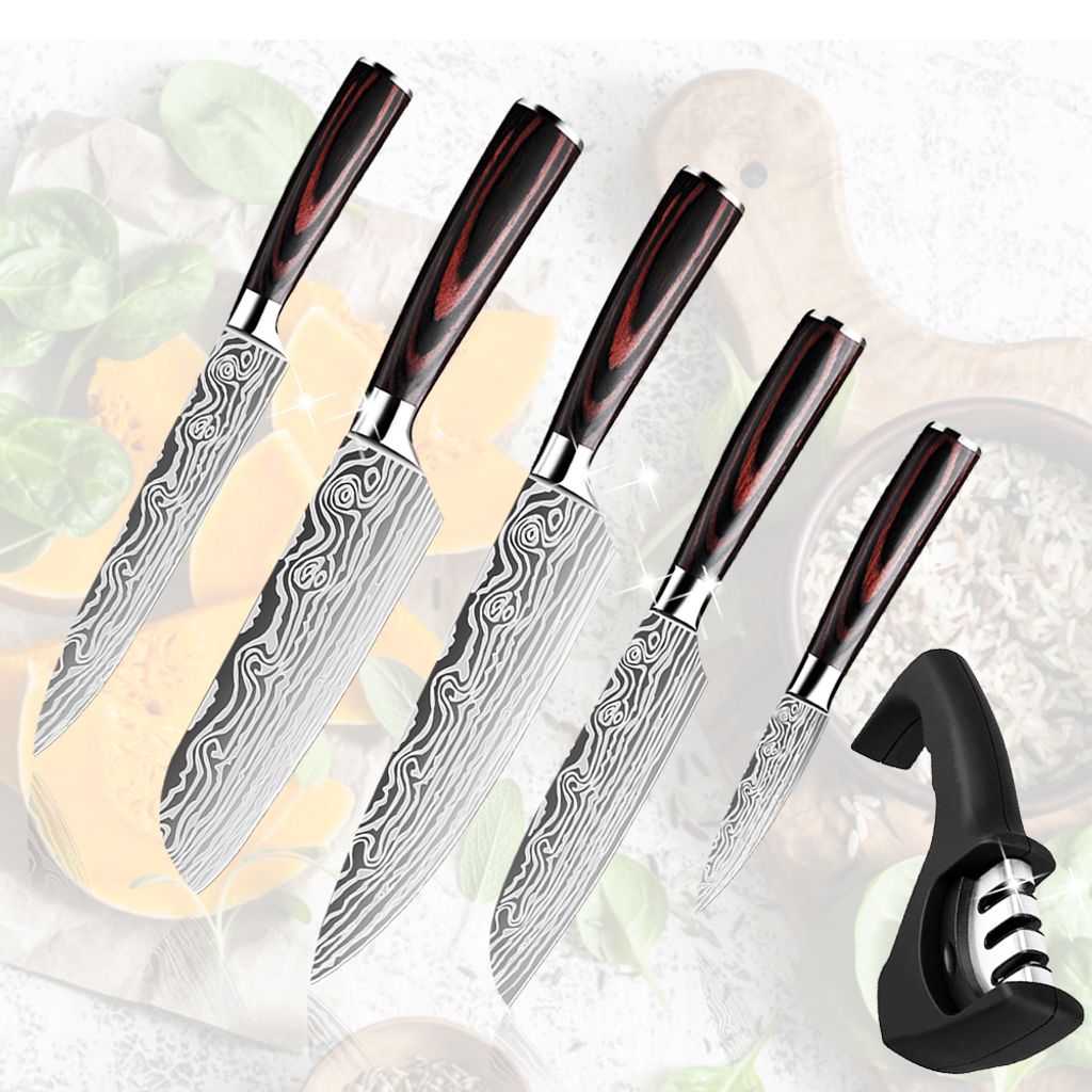 10 PCS Küchenmesser mit Messerschärfer Set Damaskus-Muster Edelstahl Kochmesser 