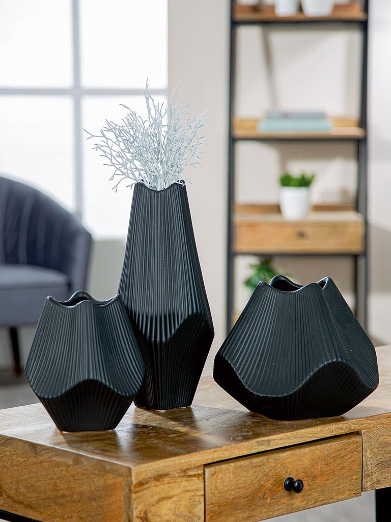 Gilde Vase, "Lamellen", Keramik, schwarz, VE 2, L. 15 cm, Image du produit 