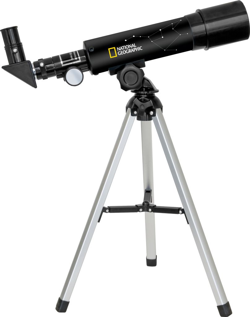 A black National Geographic telescope mounted on a silver tripod, isolated on a white background.